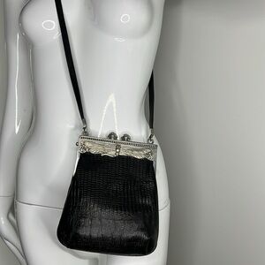Moulin Rouge Croc and Silver Frame Black Cabochon Dragonfly Etched Bag
